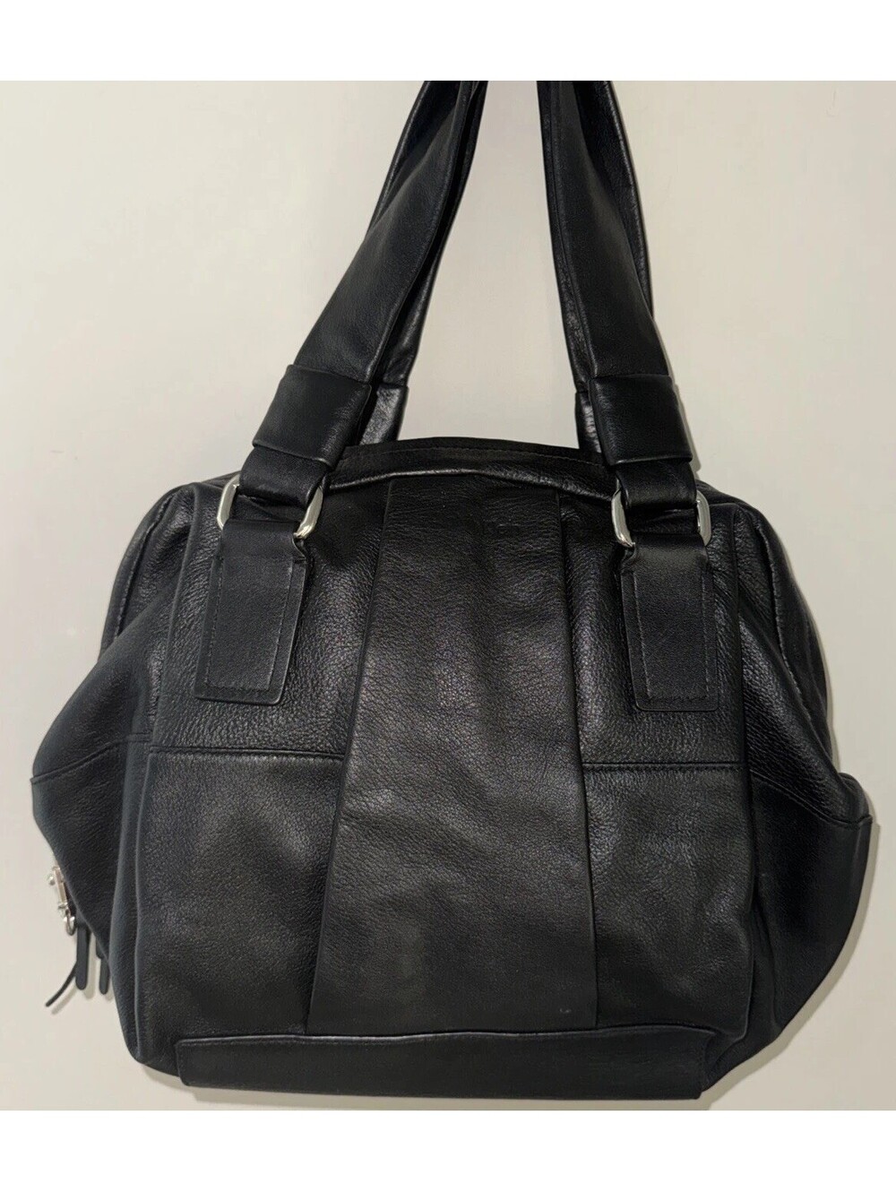 Calvin Klein Women’s Black Soft Leather Satchel Double Strap Handbag Silver